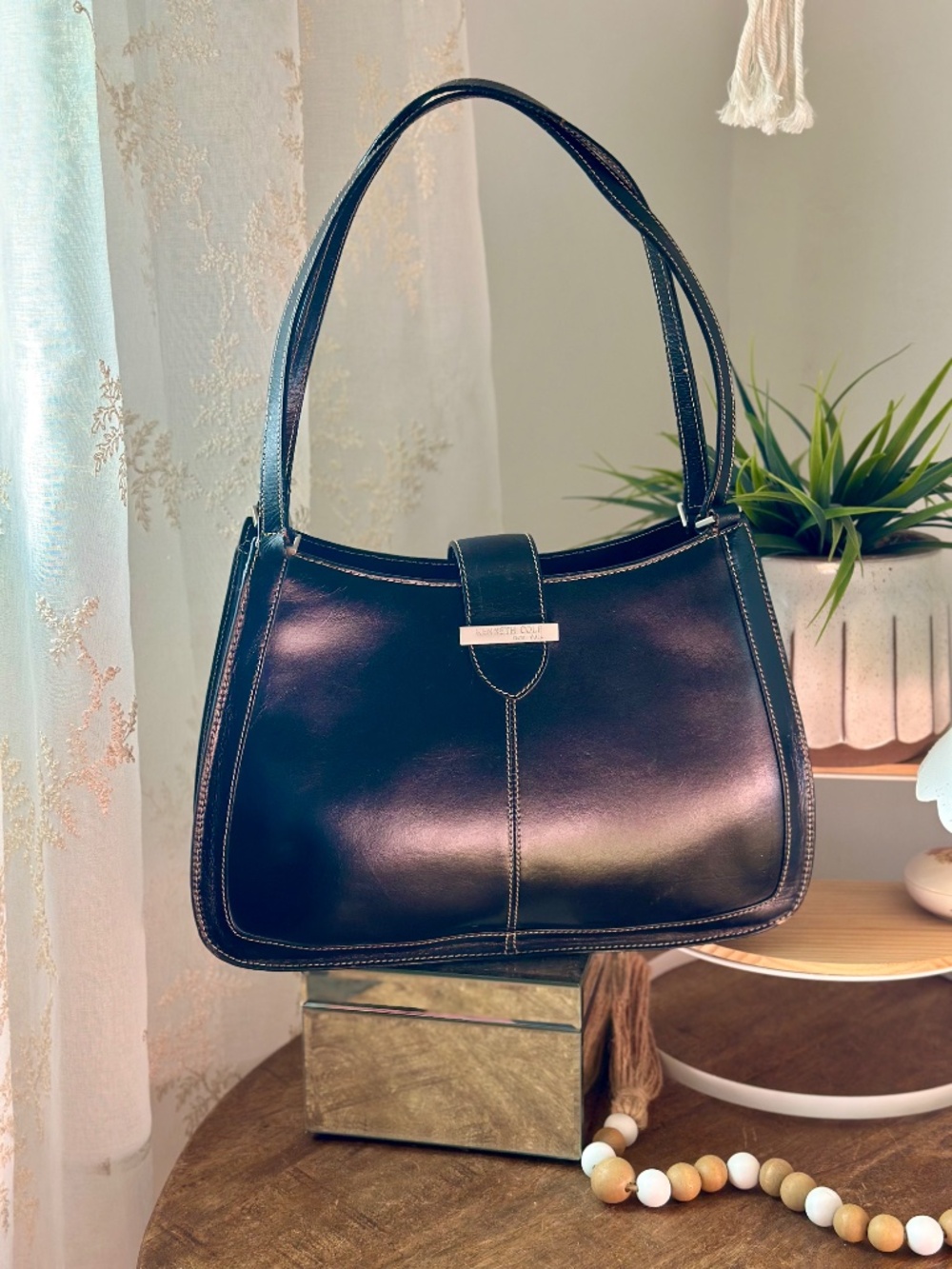 Kenneth Cole New York Black Genuine Leather Shoulder Bag Y2K
